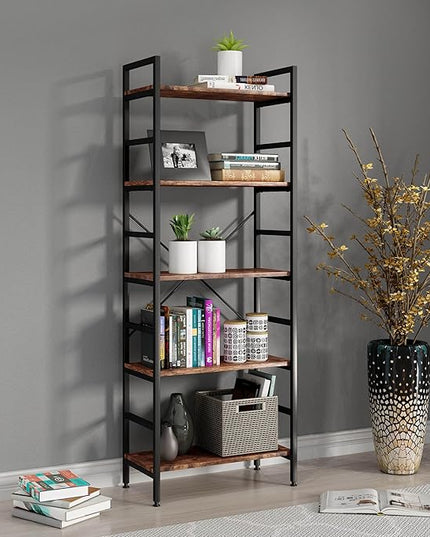 5 Tier Tall BookShelf,Bookcase with Steel Frame,Home Office Modern Bookcase Shelf for Bedroom/Living Room/Home Office - Rustic Brown Storage Rack for Books,Garage Kit, CDs and Movies - LeafyLoom