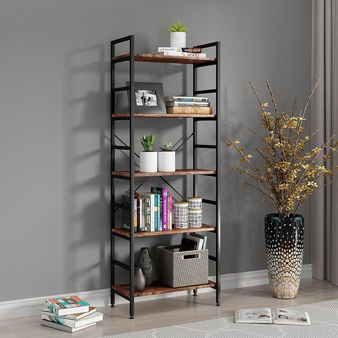 5 Tier Tall BookShelf,Bookcase with Steel Frame,Home Office Modern Bookcase Shelf for Bedroom/Living Room/Home Office - Rustic Brown Storage Rack for Books,Garage Kit, CDs and Movies - LeafyLoom