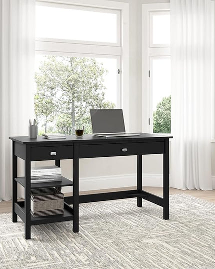 Bush Furniture Broadview 54W Computer Desk with Shelves in Classic Black| Personal Workstation Table and Storage for Home Office Workspace - LeafyLoom