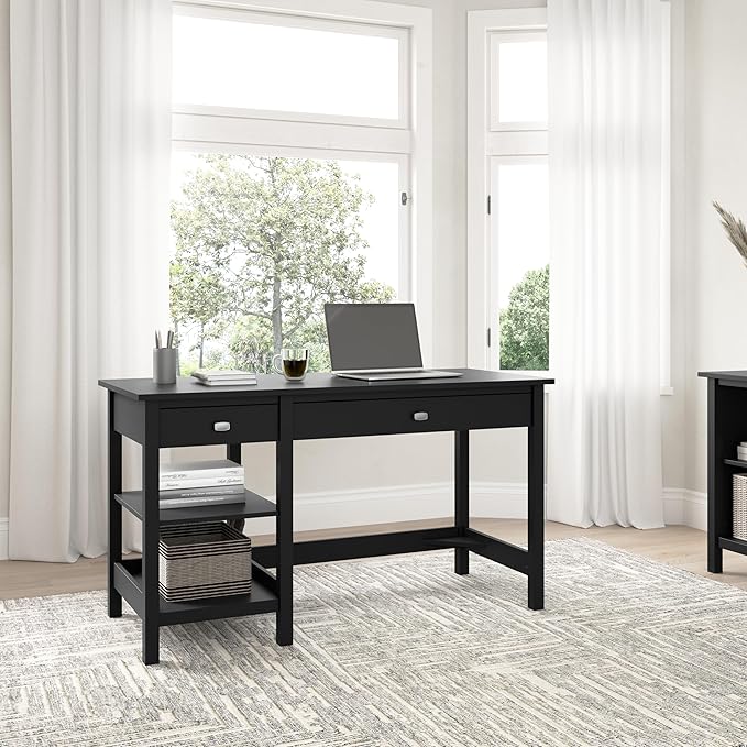 Bush Furniture Broadview 54W Computer Desk with Shelves in Classic Black| Personal Workstation Table and Storage for Home Office Workspace - LeafyLoom