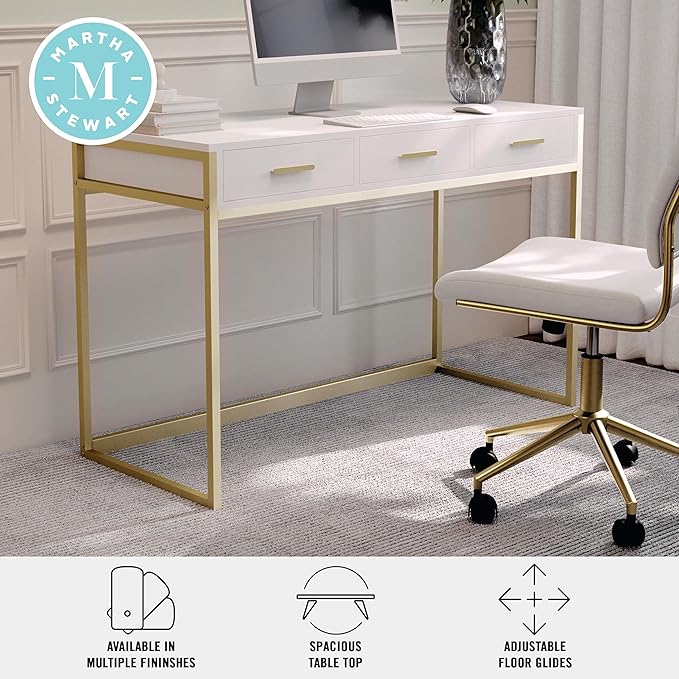 Martha Stewart Ollie Home Office Desk with 3 Drawers in White with Polished Brass Hardware - LeafyLoom