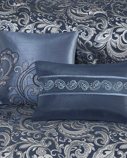 Madison Park Essentials Brystol 24 Piece Room in a Bag Faux Silk Comforter Jacquard Paisley Design Matching Curtains Down Alternative All Season Bedding-Set, King(104 in x 92 in), Navy 24 Piece - LeafyLoom