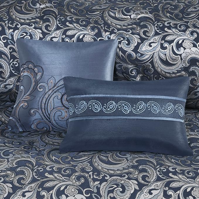 Madison Park Essentials Brystol 24 Piece Room in a Bag Faux Silk Comforter Jacquard Paisley Design Matching Curtains Down Alternative All Season Bedding-Set, King(104 in x 92 in), Navy 24 Piece - LeafyLoom