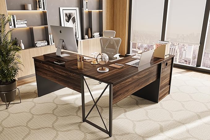 Bestier Lift Top L Shaped Desk with File Drawer, 55'' x 55'' Office Desk with Reversible Storage Drawers, L Shaped Standing Desk with Computer Monitor Stand (Walnut, 55'' x 55'') - LeafyLoom