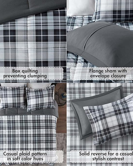Madison Park Essentials Parkston Plaid Comforter, Matching Sham, 3M Scotchguard Stain Release Cover, Hypoallergenic All Season Bedding-Set, King/California King, Black, 3 Piece - LeafyLoom