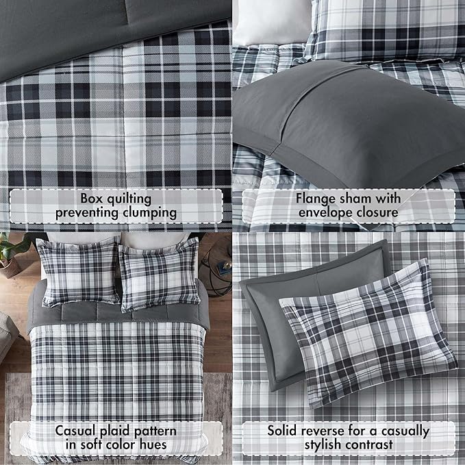 Madison Park Essentials Parkston Plaid Comforter, Matching Sham, 3M Scotchguard Stain Release Cover, Hypoallergenic All Season Bedding-Set, King/California King, Black, 3 Piece - LeafyLoom