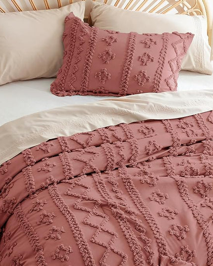 Bedsure Tufted Boho Comforter Set Full - Grayish Pink Boho Bedding Comforter Set, 3 Pieces Farmhouse Shabby Chic Embroidery Bed Set, Soft Jacquard Comforter for All Seasons - LeafyLoom