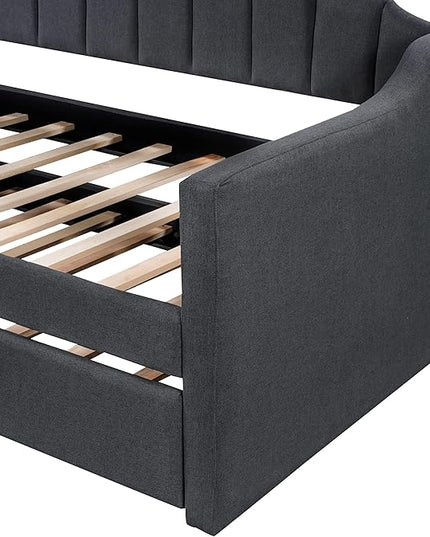 Moden Upholstered Twin Daybed with Trundle, Twin Size Sofa Bed Wood Bed Frame for Bedroom Living Room, No Box Spring Needed, Black - LeafyLoom