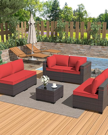 Outdoor Furniture Set 7PCS Patio Furniture for Backyard Wicker Sectional Sofa Set 6 Seats, PE Rattan Outdoor Conversation Set with Thickened Cushions and Glass Coffee Table, Red - LeafyLoom
