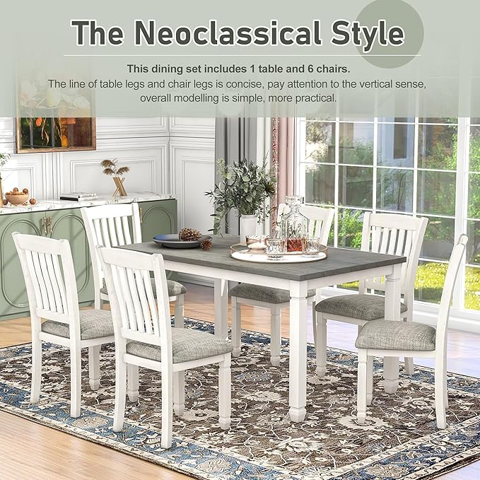 RITSU 7-Piece Dining Set Wood Rectangular Table and 6 Upholstered Chairs with Shaped Legs for Living Furniture, Guest Room, Home Bar, and Kitchen, Gray+White, Natural Cherry - LeafyLoom