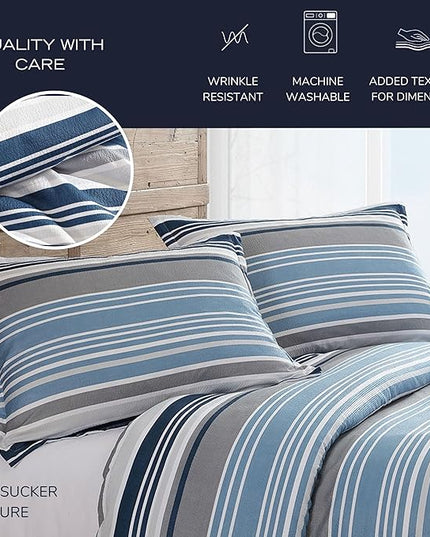 Nautica - King Comforter Set, Luxuriously Soft Seersucker Textured Bedding with Matching Shams, Wrinkle-Free Striped Home Decor (Bradlee Blue, King) - LeafyLoom
