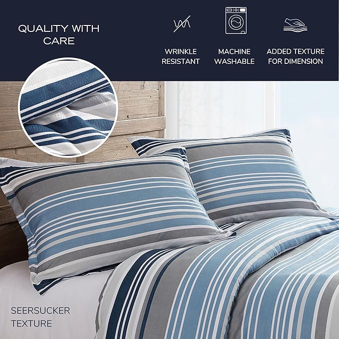 Nautica - Queen Comforter Set, Luxuriously Soft Seersucker Textured Bedding with Matching Shams, Wrinkle-Free Striped Home Decor (Bradlee Blue, Queen) - LeafyLoom