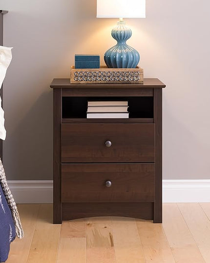 Prepac Fremont 2 Drawer Nightstand: Elegant Bedroom Furniture, Bedside Table with Open Shelf, 23.25"W x 16"D x 28"H, Espresso - EDC-2428 - LeafyLoom