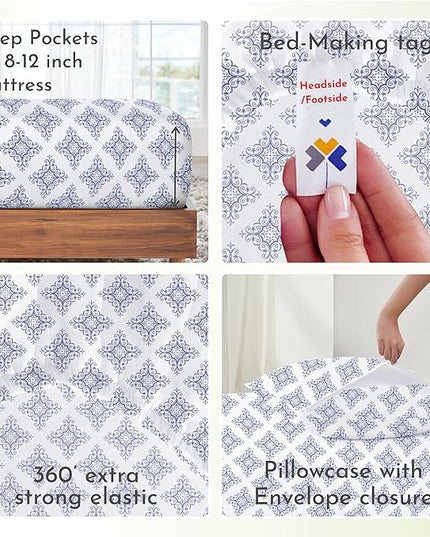 California Design Den Extra Long Twin Bed Sheets Set, 100% Cotton 3 Pc Deep Pocket Twin XL Sheets & Pillowcase Set - Filigree - LeafyLoom