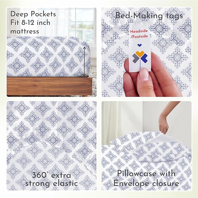 California Design Den Extra Long Twin Bed Sheets Set, 100% Cotton 3 Pc Deep Pocket Twin XL Sheets & Pillowcase Set - Filigree - LeafyLoom