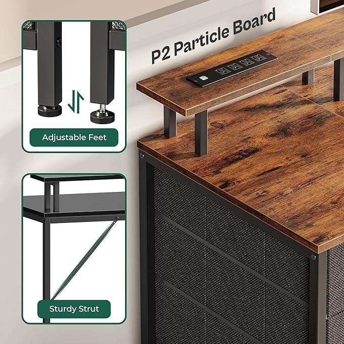 63 Inch Computer Desk with Power Outlets and LED Lights, Gaming Desk with 4 Drawers, Office Desk with Monitor Stand, Study Desk Work Desk for Home Office, Rustic Brown - LeafyLoom