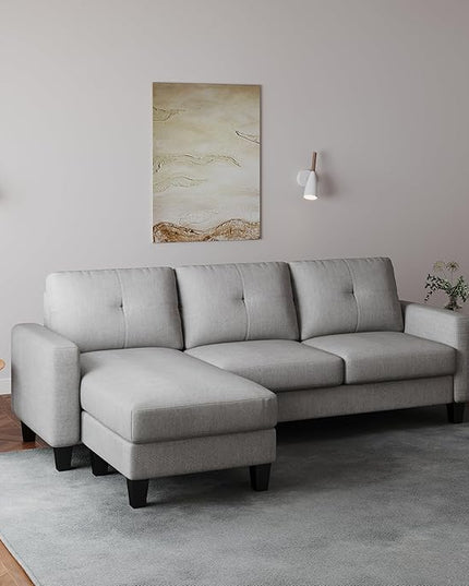 L Shaped Convertible Sectional Sofa, 3 Seater Linen Fabric Corner Couch with Reversible Chaise Movable Ottoman, Button Tufted Sofa&Couches for Small Apartments, Living Rooms and Offices - LeafyLoom