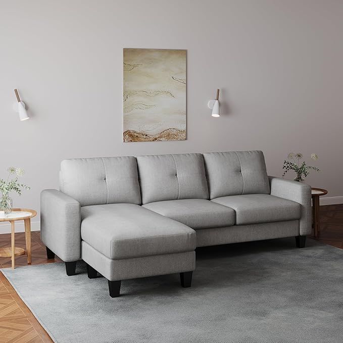 L Shaped Convertible Sectional Sofa, 3 Seater Linen Fabric Corner Couch with Reversible Chaise Movable Ottoman, Button Tufted Sofa&Couches for Small Apartments, Living Rooms and Offices - LeafyLoom