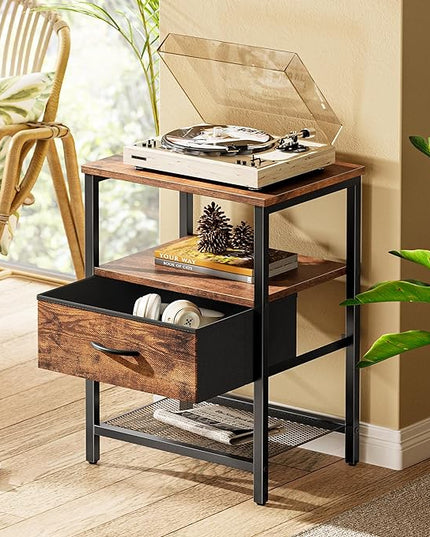 Nightstand Set of 2, Night Stand with Fabric Drawer, Mesh Shelf, Side Table with Storage, Fabric Drawer Dresser, Open Shelf, Metal Frame, Bedroom, Rustic Brown - LeafyLoom
