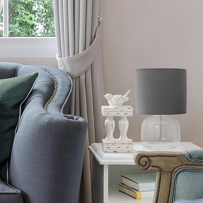 Simple Designs LT2064-CLG Clear Glass Table Lamp with Gray Fabric Shade - LeafyLoom
