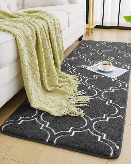 Chicrug Shag Geometric Modern Runner Rug for Bedroom, 2x6 Feet Memory Foam Indoor Hallway Runner Carpet, Fluffy Rug for Living Room Bedside Room Decor for Family, Dark Grey/White - LeafyLoom