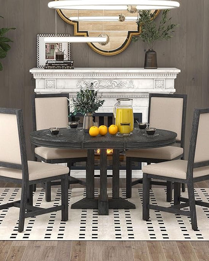 NicBex Small Kitchen Table Set for 4 Round Dining Table Farmhouse Dining Set 5-Piece Dining Set Extendable Round Table and 4 Upholstered Chairs for Kitchen, Black - LeafyLoom
