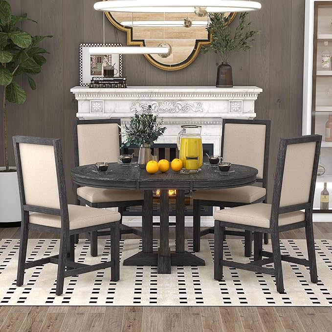 NicBex Small Kitchen Table Set for 4 Round Dining Table Farmhouse Dining Set 5-Piece Dining Set Extendable Round Table and 4 Upholstered Chairs for Kitchen, Black - LeafyLoom
