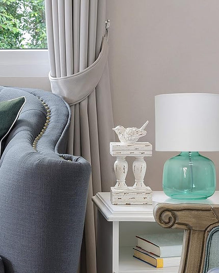 Simple Designs LT2064-AOW Aqua Glass Table Lamp with White Fabric Shade - LeafyLoom