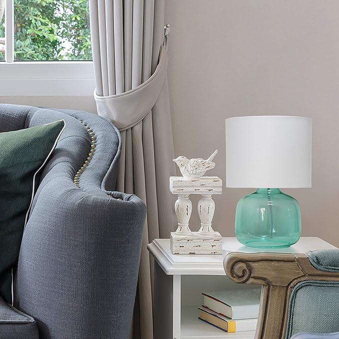 Simple Designs LT2064-AOW Aqua Glass Table Lamp with White Fabric Shade - LeafyLoom