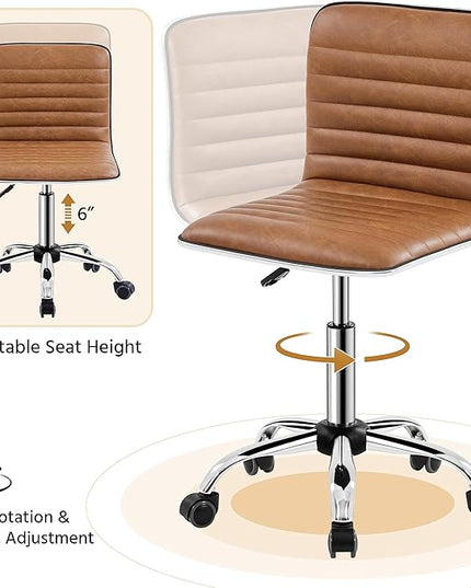 Yaheetech Low Back PU Leather Ribbed Armless Office Chair, Ergonomic Swivel Computer Task Chair with Wheels for Office, Home - LeafyLoom