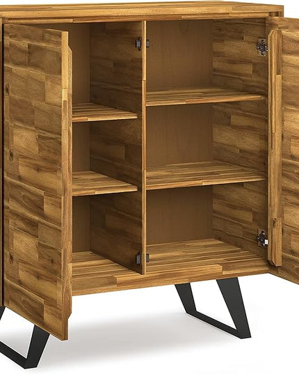 SIMPLIHOME Lowry SOLID ACACIA WOOD and Metal 39 Inch Wide Modern Industrial Medium Storage Cabinet in Distressed Golden Wheat, For the Living Room, Entryway and Family Room - LeafyLoom