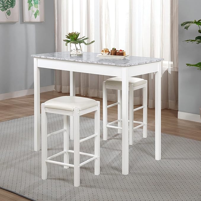 Linon White 3 Piece Faux Marble Tavern Set - LeafyLoom