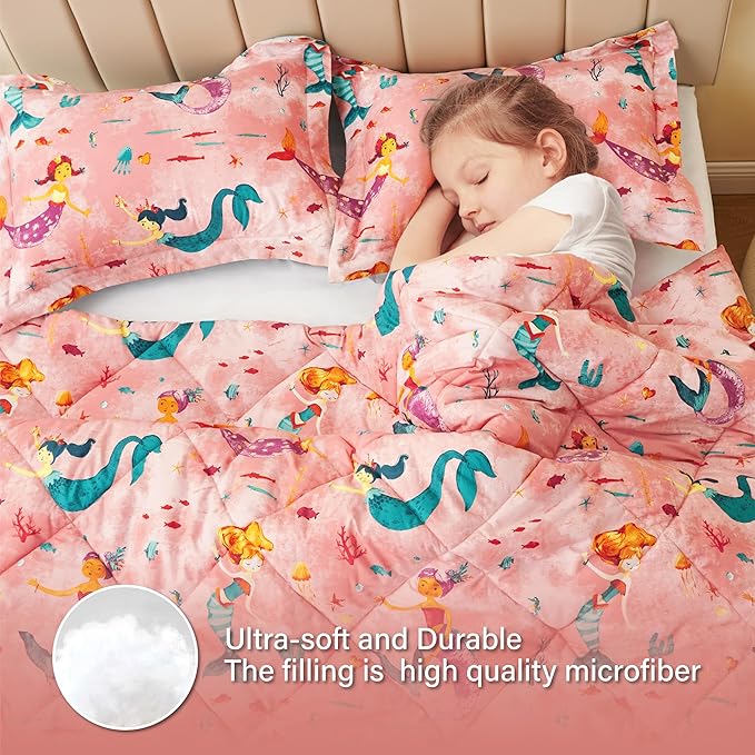 Twin Mermaid Bedding Sets for Girls, 3 Pieces Kids Queen Comforter Sets, Super Soft Lightweight for All Seasons, Includes 1 Comforter (88"x88") and 2 Pillowcase (20"x26"+2") - LeafyLoom