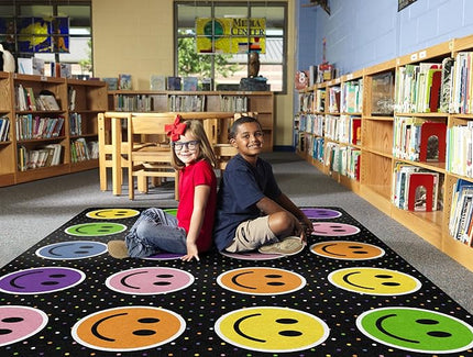 Flagship Carpets Smiley Seating (Seats 24) Classroom Area Rug or Educational Learning Mat, Kids Room or Playroom Carpet, 7'6" x 12', Black/Multi - LeafyLoom