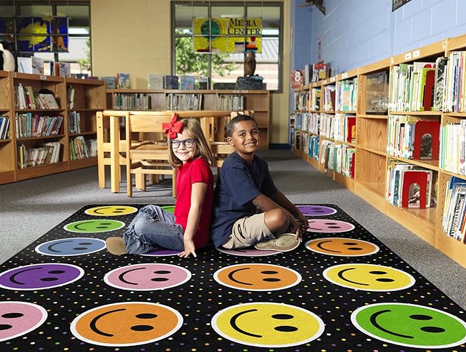 Flagship Carpets Smiley Seating (Seats 24) Classroom Area Rug or Educational Learning Mat, Kids Room or Playroom Carpet, 7'6" x 12', Black/Multi - LeafyLoom