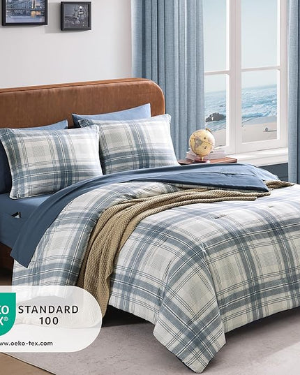 Blue Twin XL Comforter Set, Plaid Twin Comforter Set for Boys & Girls,Classic Homestead-style Twin Bed Set with Sheets and Comforter Set - LeafyLoom