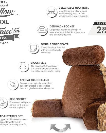 Husband Pillow XXL Limited Baby Brown Bear Fabulous Faux Fur Backrest, Two-Tone Reversible Double Sided Reading & Bed Rest Pillow with Arms & Neck Roll, Adjustable Memory Foam - Extremely Comfy - LeafyLoom