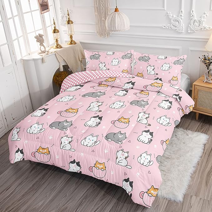 Datura home Pink Kawaii Cat Comforter Bedding Set for Girls Lovely Kitten Print Cute Animal Pattern with 1 & 2 Pillowcases Bedroom All Season(Cat Queen), Queen 90x90inches - LeafyLoom