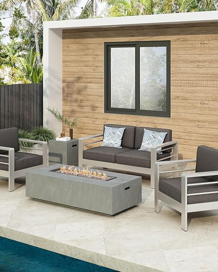 Christopher Knight Home Cape Coral Outdoor Chat Set with Fire Table, 5-Pcs Set, Khaki / Light Grey - LeafyLoom