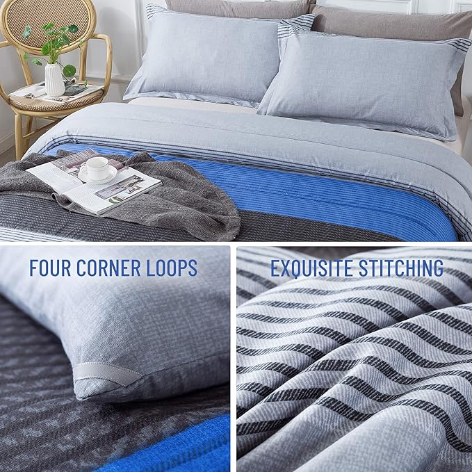 Andency Stripe Blue Comforter Set King Size, 3 Pieces Gray and Blue Patchwork Striped Comforter(104x90 Inch), Soft Microfiber Down Alternative Comforter Bedding Set with Corner Loops - LeafyLoom