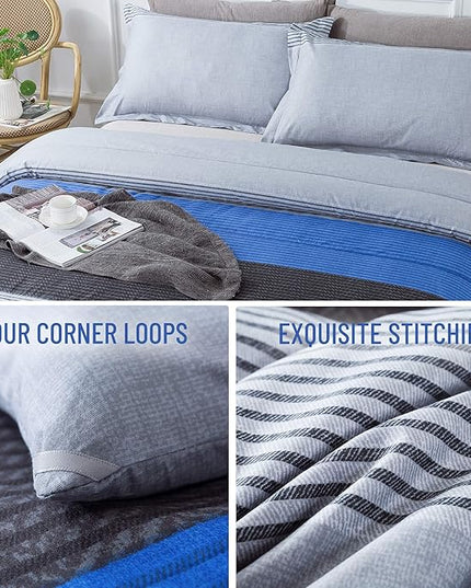 Andency Full Size Blue Comforter Set (79x90 Inch), 3 Pieces Gray and Blue Patchwork Striped Comforter, Soft Microfiber Down Alternative Comforter Bedding Set Bed in a Bag with Corner Loops - LeafyLoom