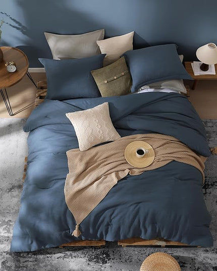 Grey Blue King Size Comforter Set, Modern Comforter for Crinkle Design King Bed Set, King Bedding Set 3 Piece with Minimalist Comforter & Shams (King, 102"x90",Blue) - LeafyLoom