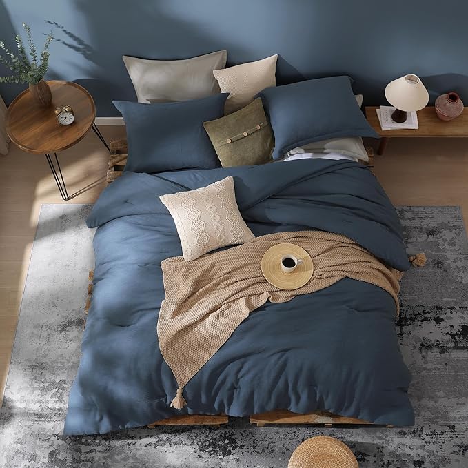 Grey Blue King Size Comforter Set, Modern Comforter for Crinkle Design King Bed Set, King Bedding Set 3 Piece with Minimalist Comforter & Shams (King, 102"x90",Blue) - LeafyLoom