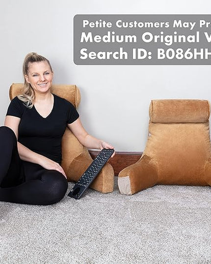 Husband Pillow XXL Tan Backrest with Arms - Adult Reading Pillow Shredded Memory Foam, Ultra-Comfy Removable Microplush Cover & Detachable Neck Roll, Unmatched Support for Bed Rest Sit Up Pillow - LeafyLoom