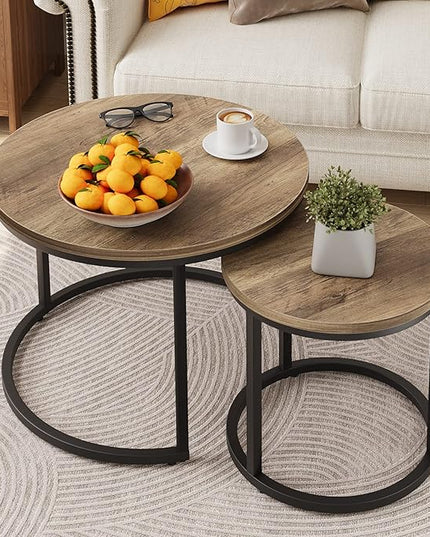 Nesting Coffee Table Set of 2, 23.6" Round Coffee Table Wood Grain Top with Adjustable Non-Slip Feet, Industrial End Table Side Tables for Living Room Bedroom Balcony Yard - LeafyLoom