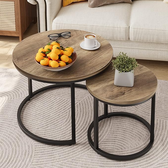 Nesting Coffee Table Set of 2, 23.6" Round Coffee Table Wood Grain Top with Adjustable Non-Slip Feet, Industrial End Table Side Tables for Living Room Bedroom Balcony Yard - LeafyLoom