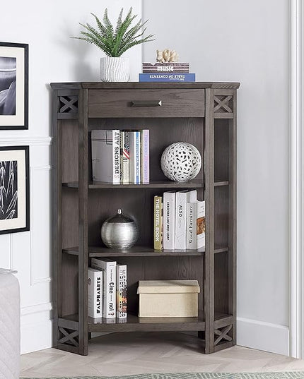 Leick Home 84263 Mantel Height 3-Shelf Corner Bookcase with Drawer Storage, Gray Oak - LeafyLoom