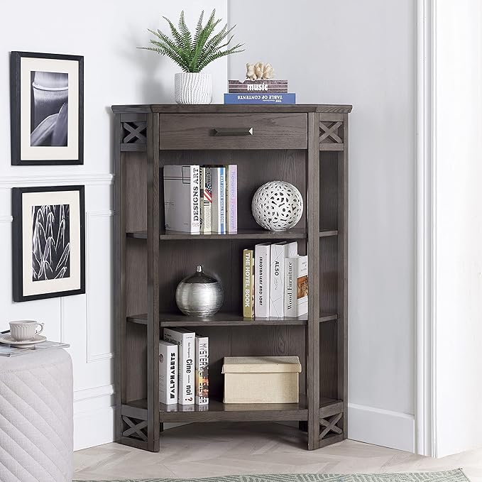 Leick Home 84263 Mantel Height 3-Shelf Corner Bookcase with Drawer Storage, Gray Oak - LeafyLoom