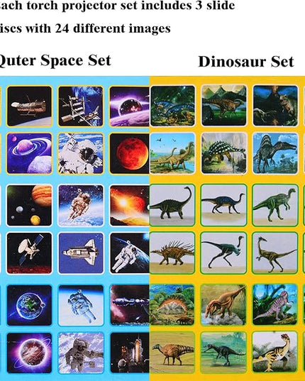 Georgie Porgy Slide Torch Projector Toys Flashlight for Kids Educational Toys Science Set Wall Ceiling Tents Night Lamp for Boys Girls with 2pcs Tattoo Stickers (Outer Space + Dinosaur) - LeafyLoom