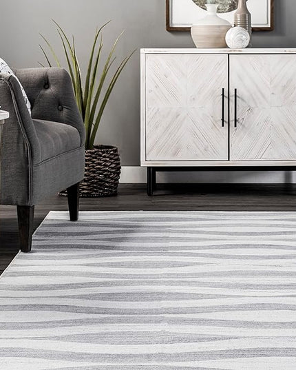 nuLOOM Kami Abstract Curves Machine Washable Ultra Thin Area Rug, 3' x 5', Light Grey - LeafyLoom